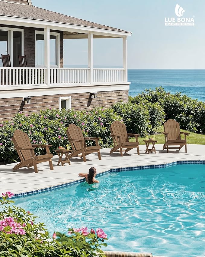 LUE BONA Folding Adirondack Chair, Chairs Set of 8, Cup Holder, Woodgrain, Fire Pit, Patio, Pool, Brown