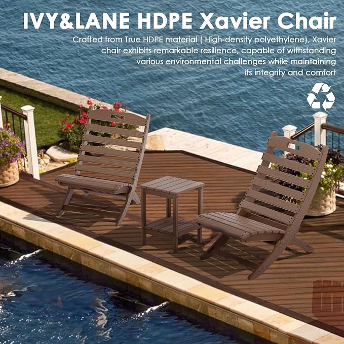 IVY&LANE Portable Xavier-Chairs Set of 2 | Folding-Adirondack-Chair | Wave | HDPE Plastic | Wood Grain | Dark Brown | All-Weather Resistant | for Outdoor Fire-Pit Patio Lawn Beach Poolside