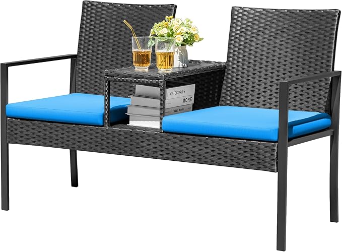 Devoko Patio Conversation Sets Outdoor Loveseat with Built-in Table & Cushions Wicker Patio Furniture Porch Chairs Bench for Lawn, Backyard, Balcony (Blue)