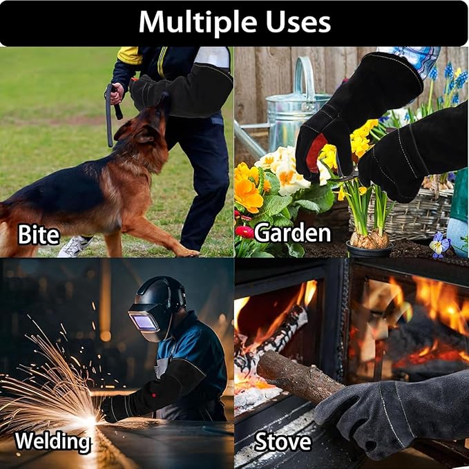 23.6" Inch Long Sleeves Welding Safety Gloves, Heat Resistant Stove Fire And Barbecue Gloves, Bite Proof Animal Handling(Black)