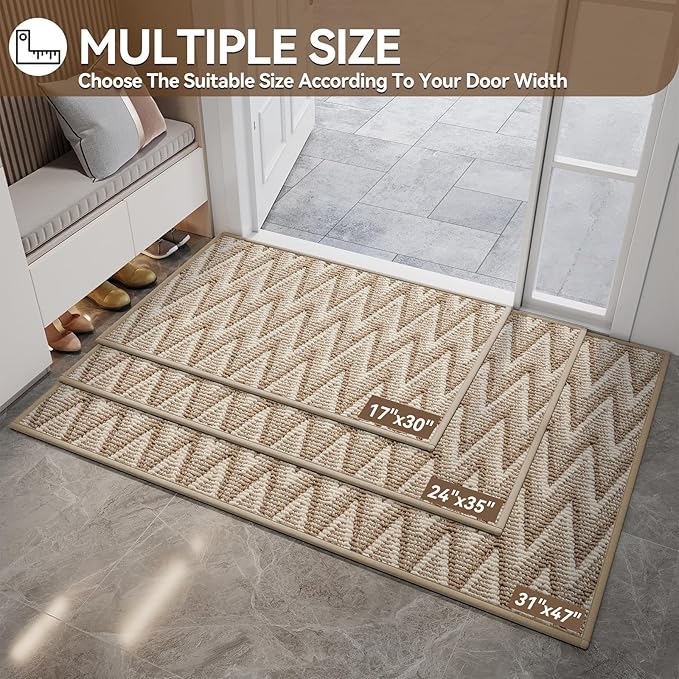 Indoor Door Mat 17x30, Dirt Resistant & Absorbent Doormat for Entryway Inside, Non-Slip Rubber Backing Front Door Mat Indoor Entrance, Low-Profile, Washable, Brown