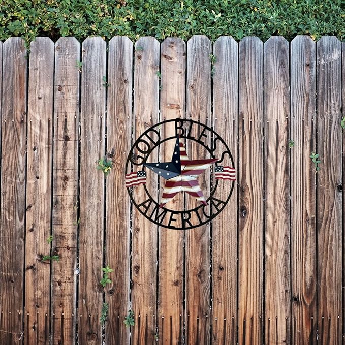 God Bless America USA Metal Star Hanging Welcome Home Signs Wall Decor 4th of July Patriotic Front Door Wreaths Hanger, Meta Flag Garden Fence Patio Front Porch Yard Indoor Outdoor Patriotic Decorations 13''H