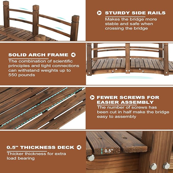 HOMEDIARY 5 FT Fir Wood Garden Bridge, Outdoor Stained Wood Arc Footbridge Walkway with Double Safety Railings, 550 lbs Capacity,Decorative Pond Bridge for Backyard Farm Garden Creek Pond Decor, Brown
