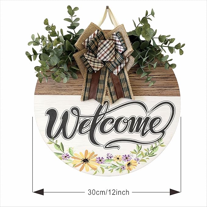 Welcome Sign Front Door Decoration 12 Inch Round Wood Wreath Wall Hanging Outdoor, Farmhouse, Porch, Suitable for Spring Summer Fall Seasons Holidays Christmas (Grass Green)