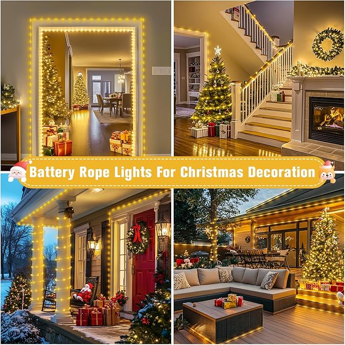 JMEXSUSS 2 Pack Christmas Lights Battery Operated Rope Lights Warm White - Outdoor Waterproof, 200LED 66ft 8 Modes Battery Powered String Light with Remote for Tree Garden Christmas Decorations