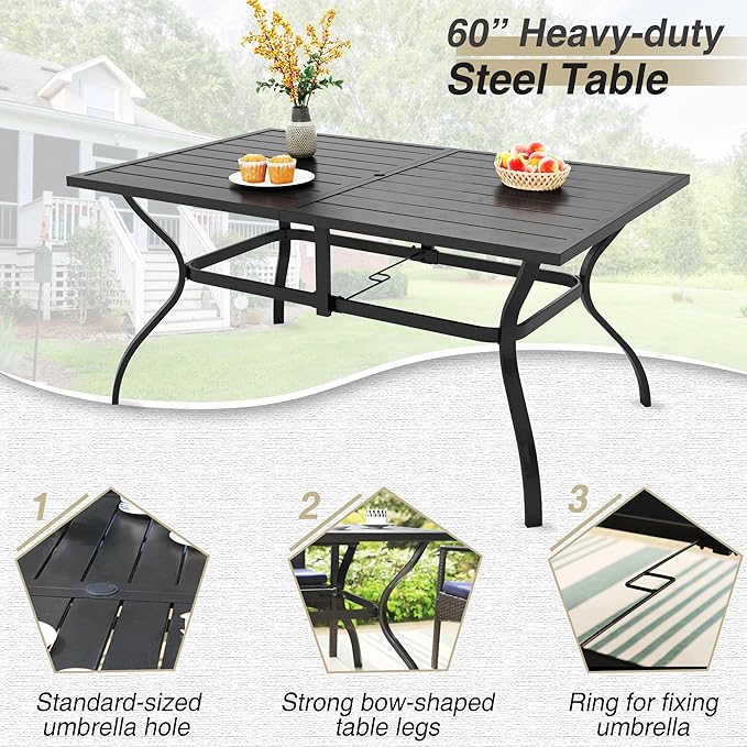 PHI VILLA 7 Piece Patio Dining Set with Umbrella, 60” Rectangular Metal Dining Table & 6 Cushioned Rattan Wicker Chairs & 13ft Large Beige Umbrella for Outdoor, Deck, Yard, Porch