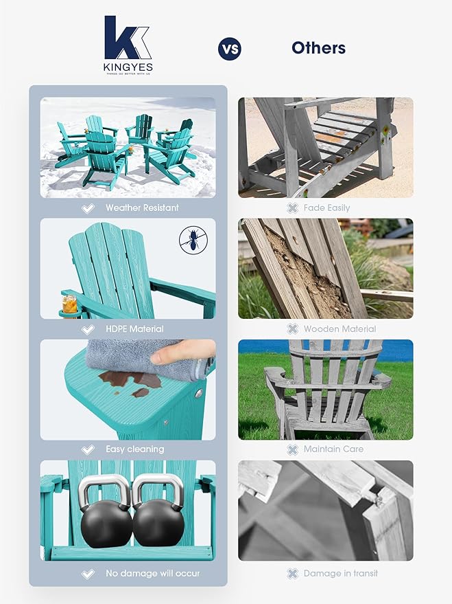 KINGYES Folding Adirondack Chair Set of 4, HDPE All-Weather Patio Chairs with Cup Holder, Wooden Textured Fire Pit Chairs for Poolside, Backyard, Deck, Aruba