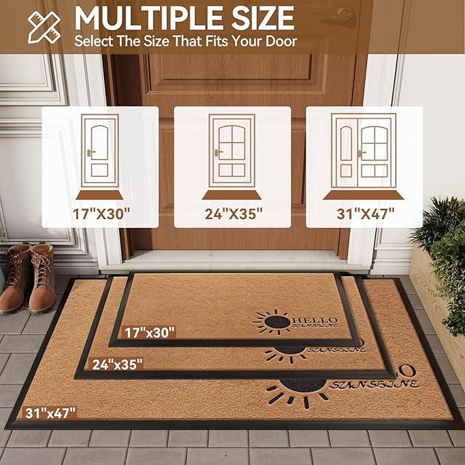 Dirt Trapping Outdoor Welcome Mats, 17x30 Durable Non-Slip Door Mat Outside Entrance, Low Profile Easy Clean Doormat for Patio Porch Front Indoor Entryway, Brown