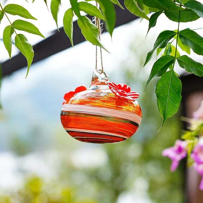Small Glass Hummingbird Feeders for Outdoors 3in Hanging Blown Glass Ball Humming Birds Feeder with 2 Feeding Ports for Outside Garden Patio Decor for Window