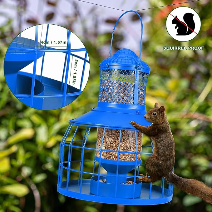 Squirrel Proof Bird Feeders, Metal Wild Bird Feeders for Outdoors Hanging, 3.5LB Heavy Duty Caged Squirrel Proof Bird Feeders, Chew-Proof, Weather Resistant, Patio Backyard Garden Decor (Blue)