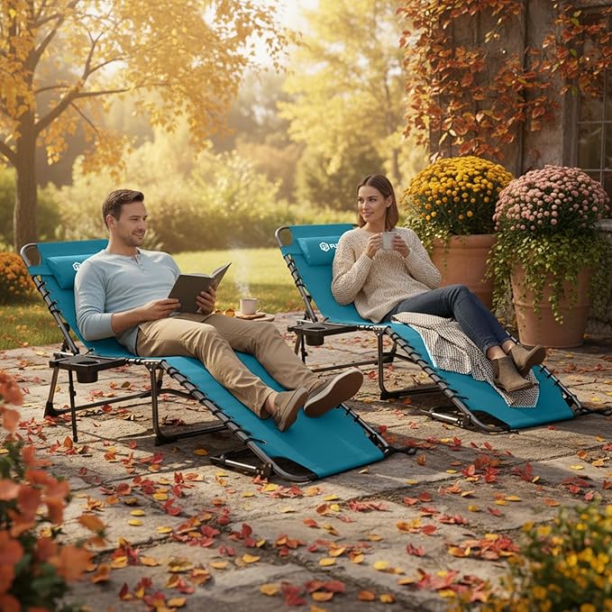 FUNDANGO Chaise Lounge Chair Outdoor, 5-Position Folding Tanning Chair with Detachable Side Table & Pillow, 180° Lay Flat Portable Beach, Heavy Duty U-Frame for Patio, Pool, Lawn, 265lbs (Cyan)