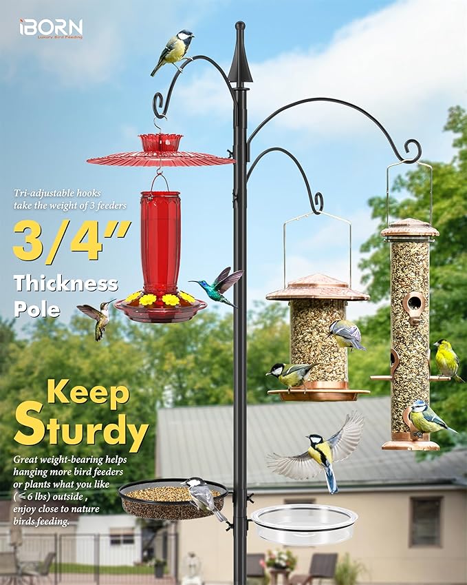iBorn Shepherds Hooks for Outdoor Clamp On Deck Hook for 45“ Bird Feeder Hangers for Deck Railing Humming Bird Feeders Hanging Tri-Hooks+Feeder Trays 2024 Upgraded (Feeders are Not Included)