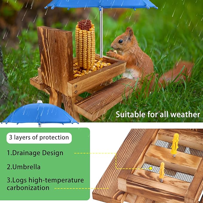 MIXXIDEA Squirrel Feeder Picnic Table with Tall Umbrella, Wooden Squirrel Feeders for Outside, Cute Chipmunk Feeder with Corn Cob Holder, Solid Structure, Thick Wood (Rustic Brown Red Umbrella)