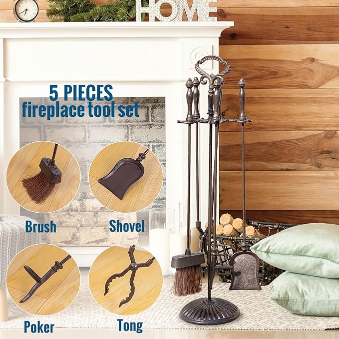 Sungmor Heavy Duty Cast Iron Fireplace Tools Set – 5 Piece Fire Tools with Stand, Fireplace Accessories for Wood Stove, Indoor Outdoor Fire Pit & Hearth