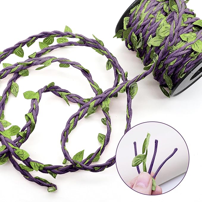 33ft Waxed Twine with Green Leaves, 3-ply Waxed Cord, Artificial Leaves Waxed String for Crafts and Decor (Dark Purple Waxed Twine)