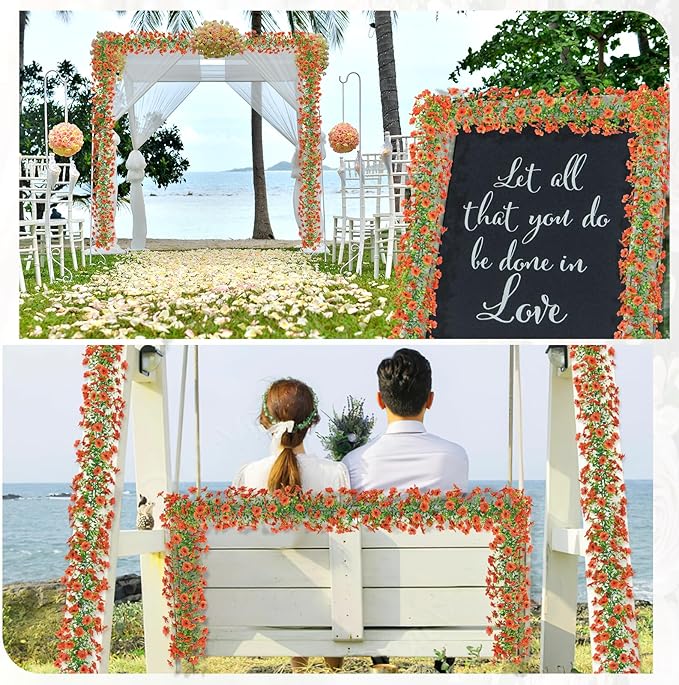 2 Pack Artificial Flowers Garland Ivy,Spring Summer Decor UV Resistant Fake Daisy Vines Floral Vine Silk Hanging Flower for Decor Home Garden Wedding Photo Booth Backdrop (Orange)