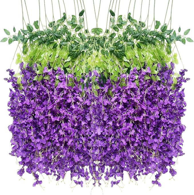 Artificial Flowers Hanging Flowers, Fake Garland Silk Vines Rattan String Decor for Home Wedding Arch Wall Garden Greenery Bedroom Outdoor Office Party Decoration (12, Purple)