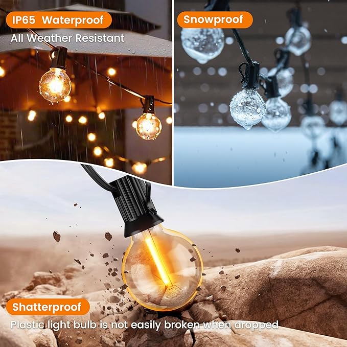 OHLUX Outdoor String Lights, 30FT G40 Globe LED Patio Lights with 17 Dimmable Plastic Bulbs(2 Spare), 2200K Waterproof Connectable Hanging Lights for Backyard Porch Cafe Party Decor, E12 Socket Base