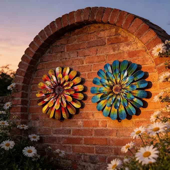 HOOEN 2pack Metal Flowers Wall Decor Wall Art Decorations Hanging For Indoor Outdoor Home Garden Farmhouse Yard Patio Fence Living Room Bedroom Decor