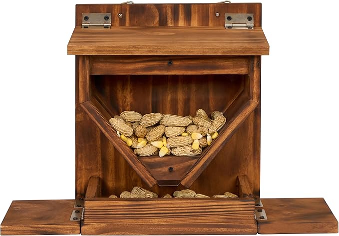 MIXUMON Wood Squirrel Feeder, Funnel Squirrel Feeders for Outside Winter, Wooden Chipmunk Feeder for Corn, Peanuts, Durable Box Easy to Fill with Removable Top Panel