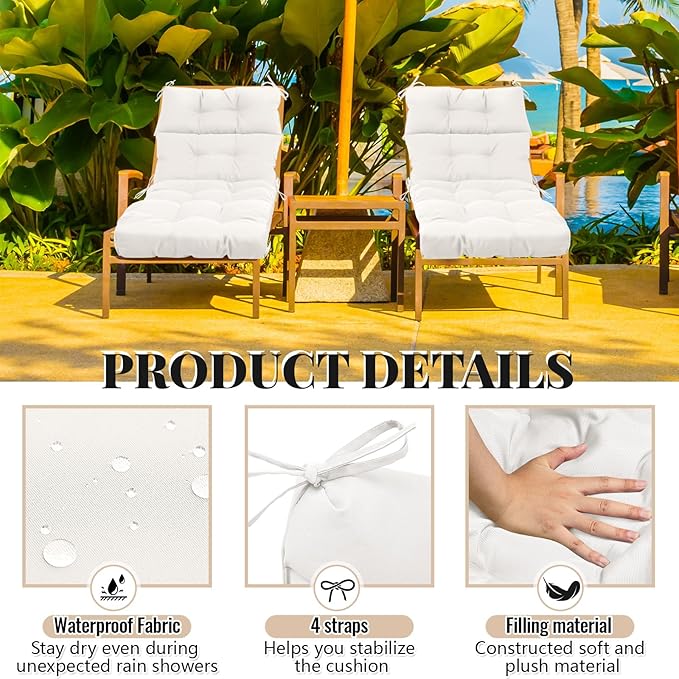Kigley 2 Pcs Chaise Lounge Cushions 75 x 22 x 5 Inches Soft Lounge Chair Cushion Spring/Summer Seasonal Replacement for Outdoor Indoor Home Office (Ivory White)