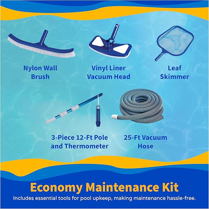 Blue Wave Montilla 24-ft Round 52-in Deep Above Ground Swimming Pool – with Steel Wall & Top Rails, Sand Filter, Overlap Liner, A-Frame Ladder & Maintenance Kit – Complete Outdoor Pool Accessories