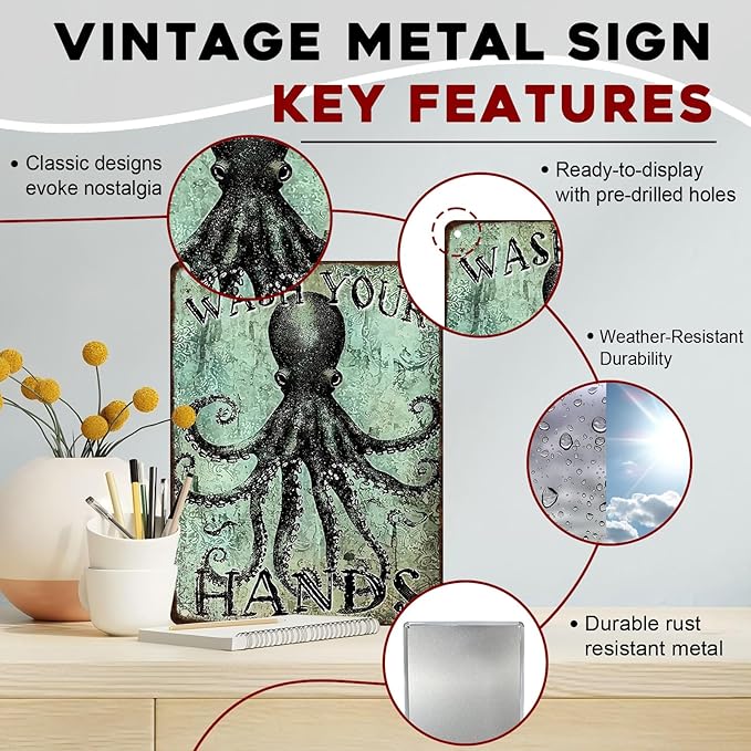 Funny Octopus Metal Tin Sign Wash Your Hands Vintage Tin Signs Bathroom Signs Restroom Decor Guest Wall Decor 12x16inch