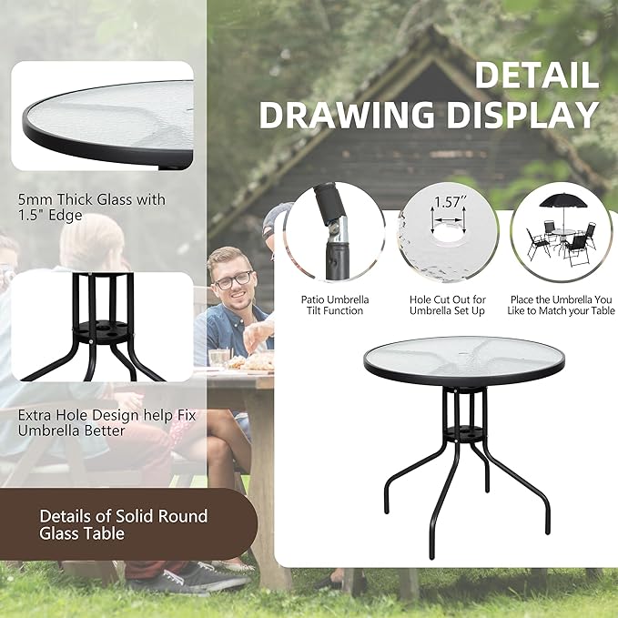Vongrasig 6 Pieces Folding Patio Dining Set, All Weather Small Metal Outdoor Table and Chairs Set, Patio Furniture Set w/Umbrella, Glass Table & 4 Folding Chairs for Garden, Lawn, Backyard, Black