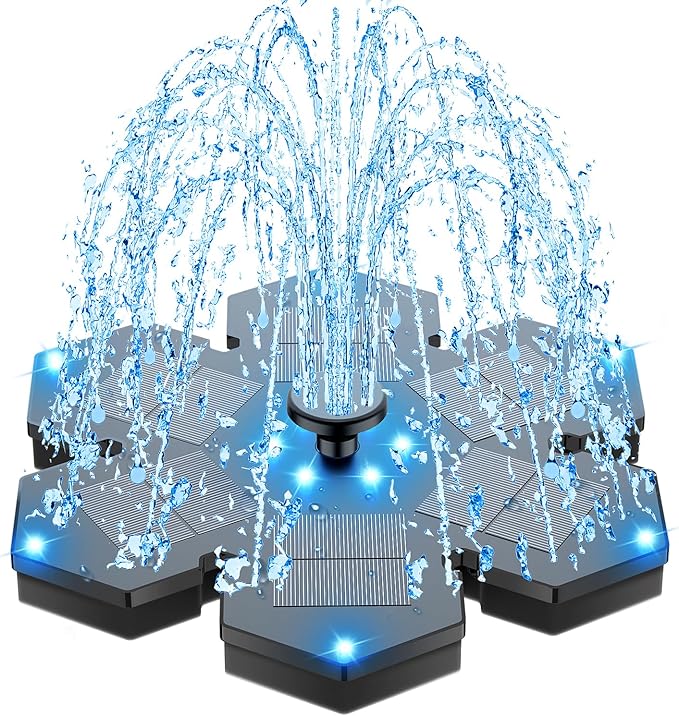 SZMP Solar Fountain Upgraded, 3.5W Snowflake Double Layer Colorful Lights, 2000mAh Battery 4 Fixes & 7 Nozzles, Solar Bird Bath Fountain for Garden Patio Pond Outdoor Décor