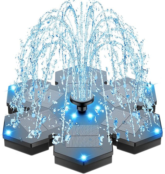 SZMP Solar Fountain Upgraded, 3.5W Snowflake Double Layer Colorful Lights, 2000mAh Battery 4 Fixes & 7 Nozzles, Solar Bird Bath Fountain for Garden Patio Pond Outdoor Décor