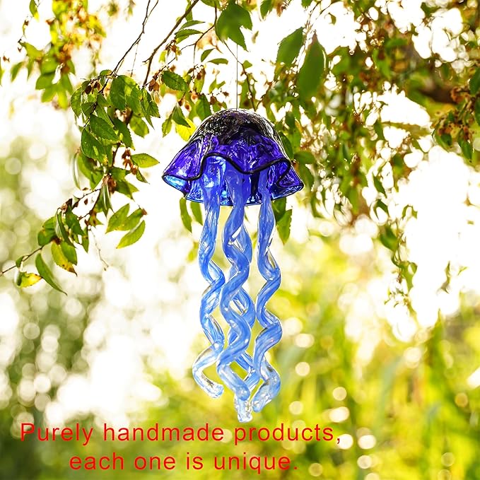 20Inch Art Blown Glass Jellyfish Wind Chime,Handmade Glass Jellyfish Hanging Sun Catcher Wind Chime,Wind Chimes for Outdoor,Animal Glass Blown Wind Chimes for Garden Yard Wedding Decor(Royal Blue)