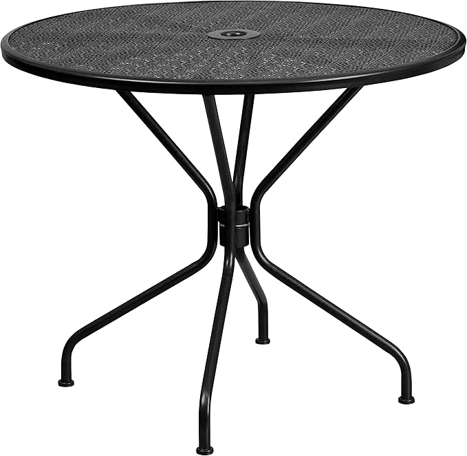 Flash Furniture Commercial Grade 35.25" Round Black Indoor-Outdoor Steel Patio Table Set with 2 Square Back Chairs