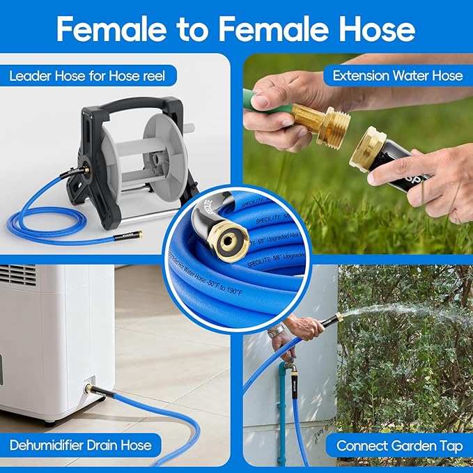 SPECILITE Female to Female Hot/Cold Garden Water Hose 10 ft x 5/8 Inch for Hose Reel, -50℉To 190℉, Heavy Duty, Flexible, Burst 605 Psi, Rubber Extension Pipe with 3/4" Brass Fittings