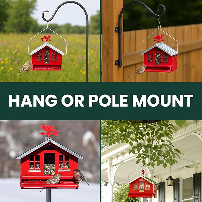 Perky-Pet Squirrel-Be-Gone II Country House Bird Feeder with Weathervane - 8 lb Seed Capacity - Squirrel Proof Wild Bird Feeder for Outdoors - Durable Construction - Rustic Outdoor Decor - 338, Red
