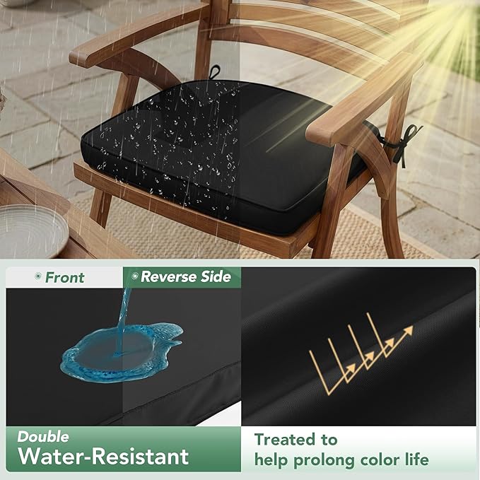 Outdoor Chair Cushions Set of 2: Waterproof & Fade Resistant Patio Furniture Cushions - 19 x 19 x 2 Inch Non Slip Round Corner Seat Cushion Pads with Removable Cover for Garden Yard Lawn, Black