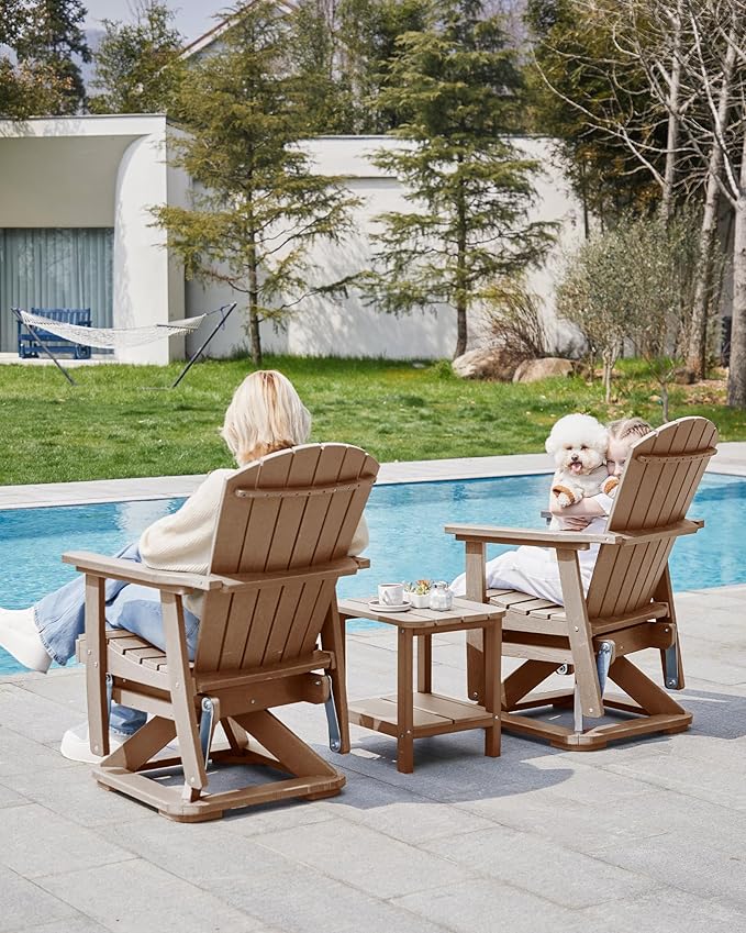 SERWALL Adirondack Swivel Glider, HDPE Glider for Outdoor, All-Weather Glider Rocking Chair for Porch, Balcony, Brown