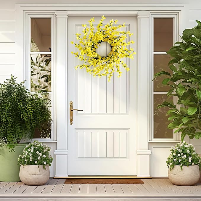 20 Inch Spring Wreath for Front Door, Yellow Forsythia Spring Wreath for Farmhouse Rustic Grapevine Blossom Cluster Festival Celebration Front Door Wall Window Party Decoration Home Décor