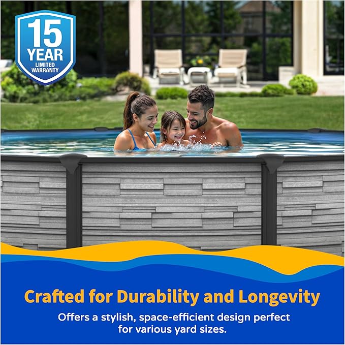 Blue Wave Montilla 24-ft Round 52-in Deep Above Ground Swimming Pool – with Steel Wall & Top Rails, Sand Filter, Overlap Liner, A-Frame Ladder & Maintenance Kit – Complete Outdoor Pool Accessories