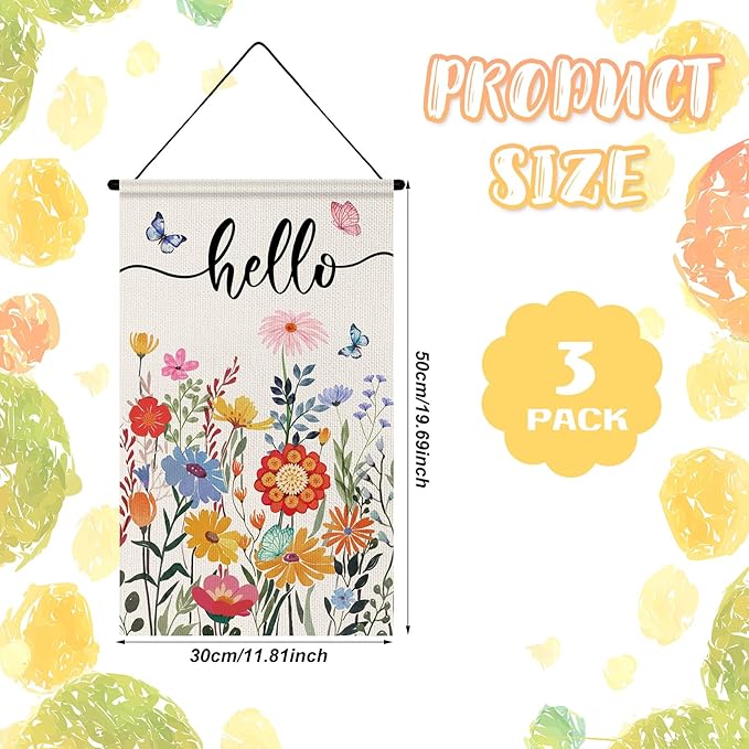 Tegeme 3 Pcs Hello Spring Door Sign Flag Spring Flower Door Banner Holiday Welcome Flag Wall Hanging Decoration for Party Holiday Outdoor Indoor Home