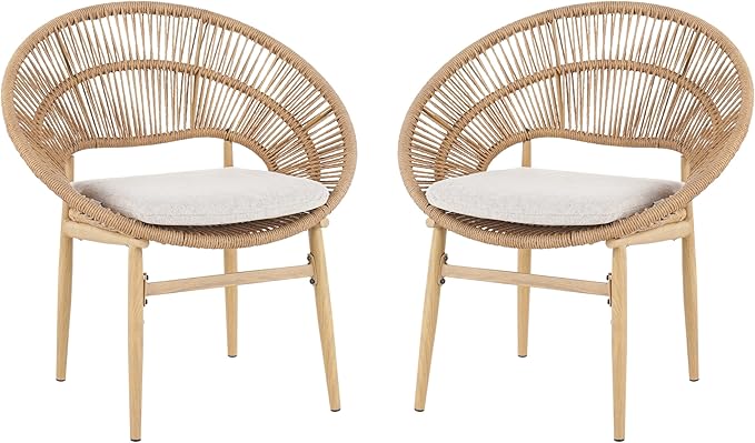 Christopher Knight Home Cyril Papasan Chair Set of 2, Patio Wicker Dining Chair, Patio Furniture Set, Comfy Reading Single Sofa with Cushion, Light Brown+Beige