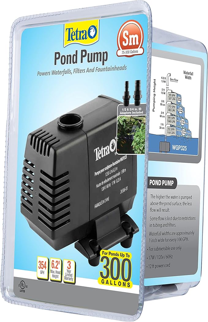 TetraPond Water Garden Pump, Powers Waterfalls/Filters/Fountain Heads,Black,50 to 500 Gallons