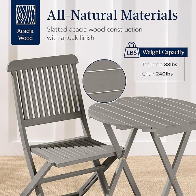 Best Choice Products 3-Piece Acacia Wood Bistro Set, Folding Patio Furniture for Backyard, Balcony, Deck w/ 2 Chairs, Round Coffee Table, Teak Finish - Gray