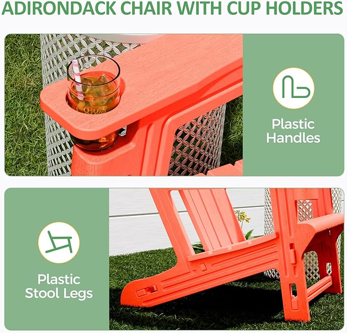 Adirondack Chair, Patio Chairs with Cup Holder, Plastic Adirondack Without Screws Install, Outdoor Funiture for Backyard Garden Lawn Beach, 400 LBS Capacity, Orange