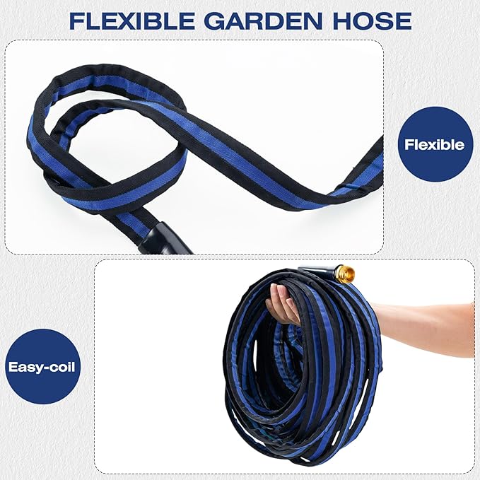 Ultra Lightweight 15FT Garden Hose - Heavy-Duty Kink-Free Flexible Hose, Non-Expanding Design with Aluminum Brass Fittings, Crush-Proof for Yard/Lawn/Outdoor Use(black-blue, 15 FT)