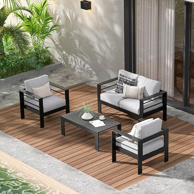 Wisteria Lane Aluminum Patio Furniture Set for All Weather, Oversized Metal Outdoor Furniture Set with 27.5" Deep Seat and 10" Back Cushion, Patio Conversation Sets with Wide armrest, Light Grey