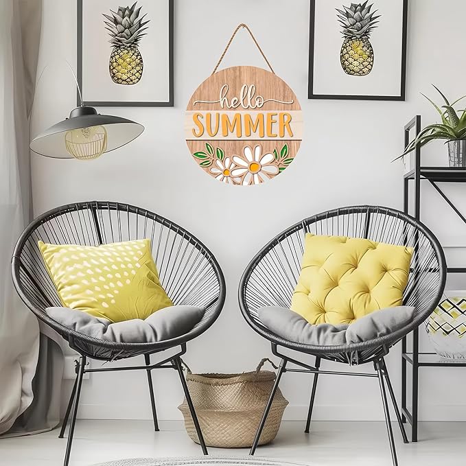 Hello Summer Welcome Door Sign Welcome Hello Summer Wooden Sign with Rope Door Hanger Wall Decoration Porch Decor Home Office Farmhouse Indoor Outdoor Wall Hanging Decoration