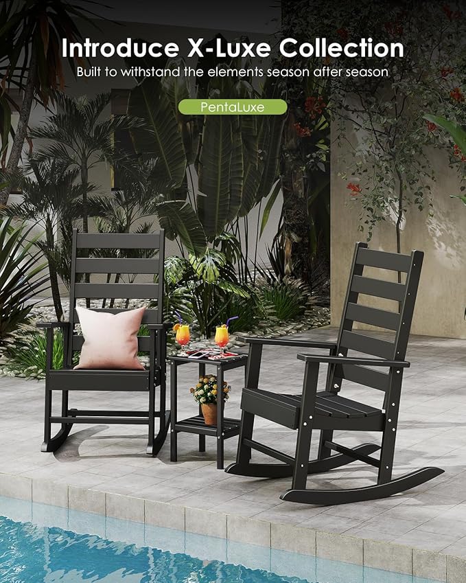 GREENVINES Outdoor-Rocking-Chairs-Set-of-2 | HDPE Plastic | Patio Rockers | Porch Rocker Chair | Shaker | Oversized | High Ladder Back | Big & Tall | PentaLuxe | Black