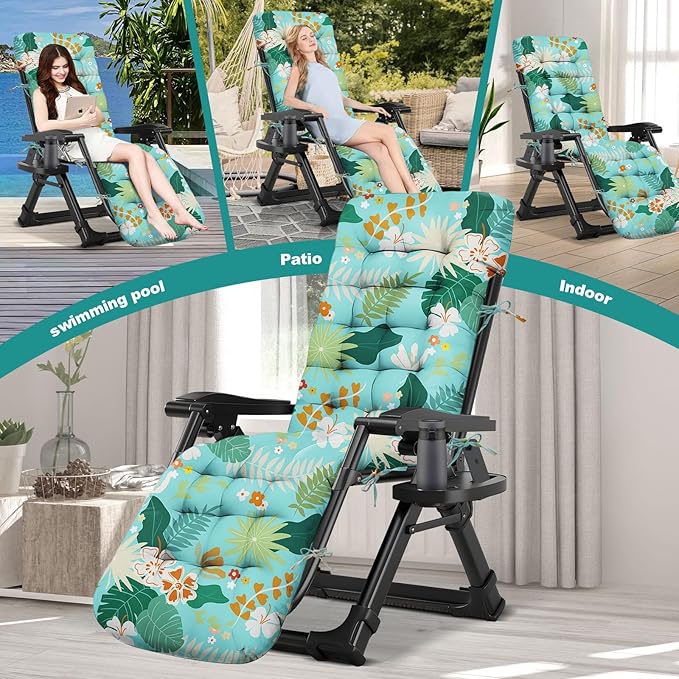 Outdoor Chaise Lounge Chair Cushion Waterproof 66 x 21 x 4 Inches Cotton Lounge Chair Cushions with Ties, Soft Thickened Lounge Chair Cushions for Indoor Outdoor Furniture (Green Flower Leaf)