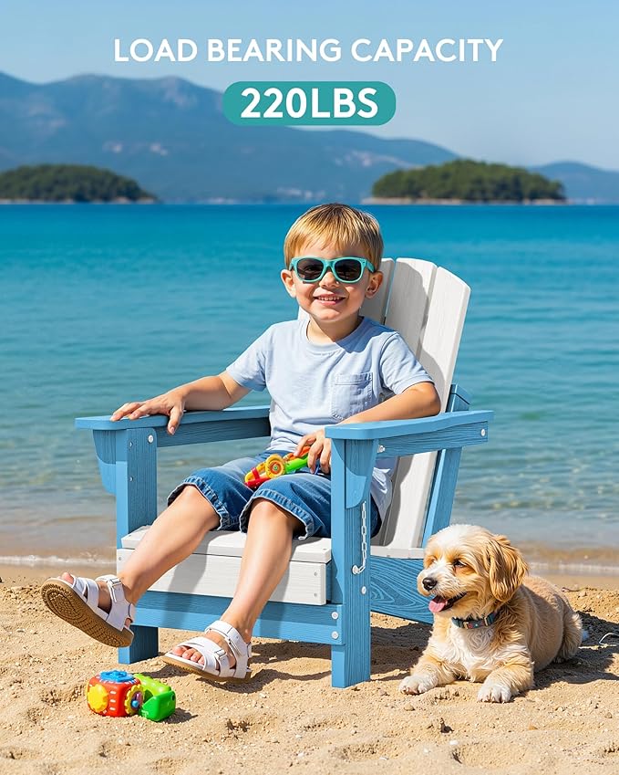 SERWALL Kids Adirondack Chair, HDPE Adirondack Chair for Children,All-Weather Resistant for Patio, Garden, Backyard - Light Blue and White