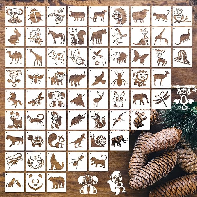 Animal Stencils for Painting on Wood, 64pcs 3 Inch Stencils for Crafts Reusable, Small Plastic Rock Templates for Painting on Wood Wall Canvas, Card Making & Home Decor